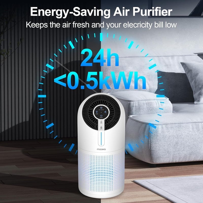 Mooka Air Purifiers for Home Large Room up to 1095ft², H13 HEPA Filter Air Cleaner for Pets Bedroom Remove Smoke Dust Pollens Dander, Room Air Purifier with Timer Lock 4 Modes Night Light, M02 - Image 5